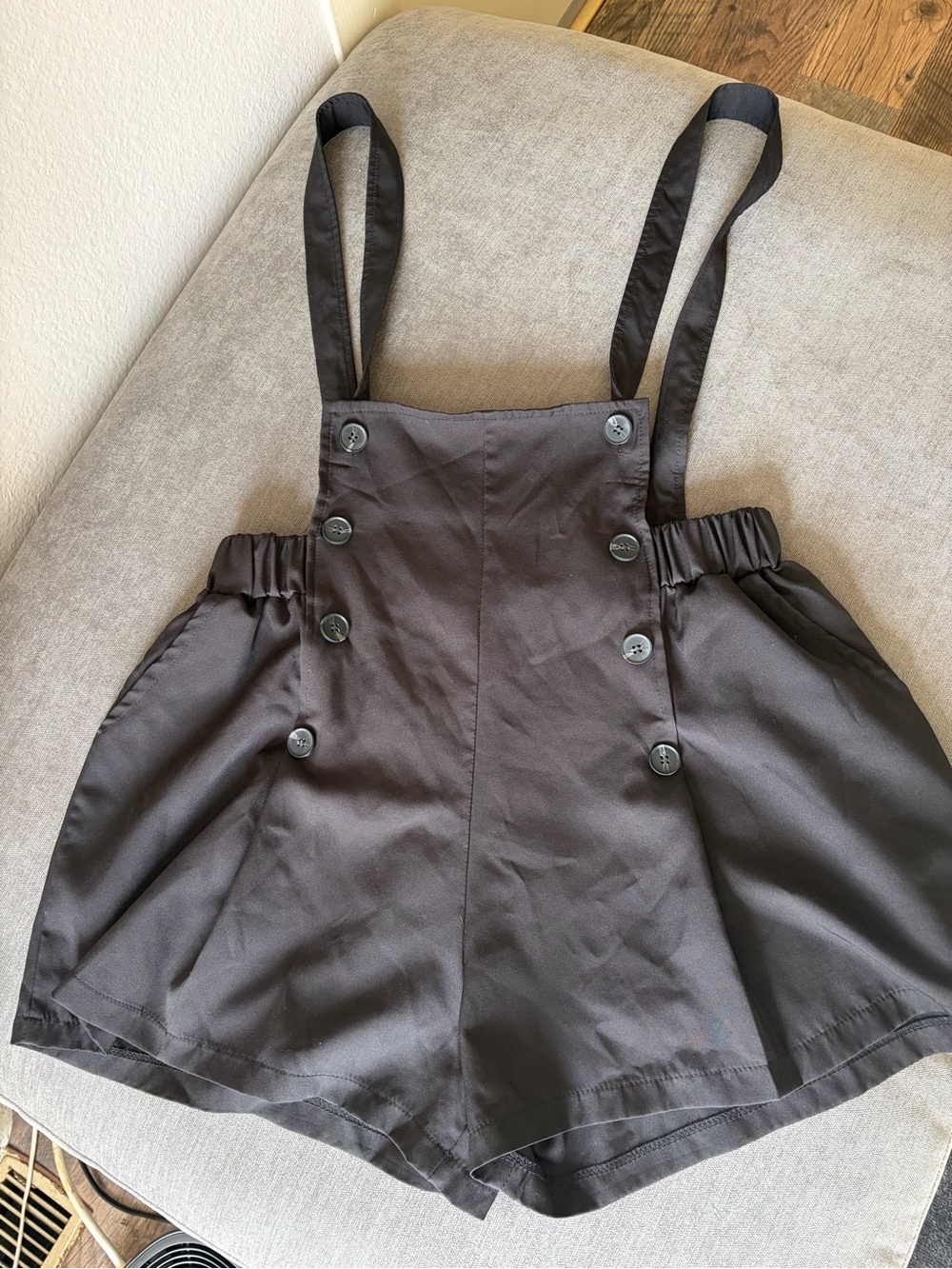 High-Waist Button Front Suspender Shorts — Black